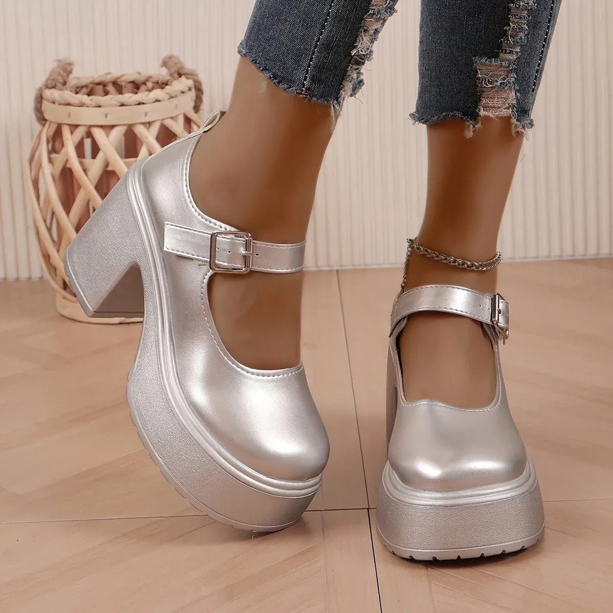 Mara | Metallic zilveren platformpumps met hoge hak - Afbeelding 3