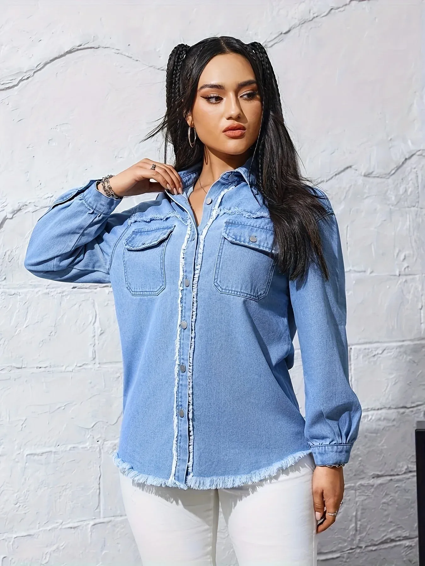 Nina | Ruwe blauwe denim jas met lange mouw - Afbeelding 4