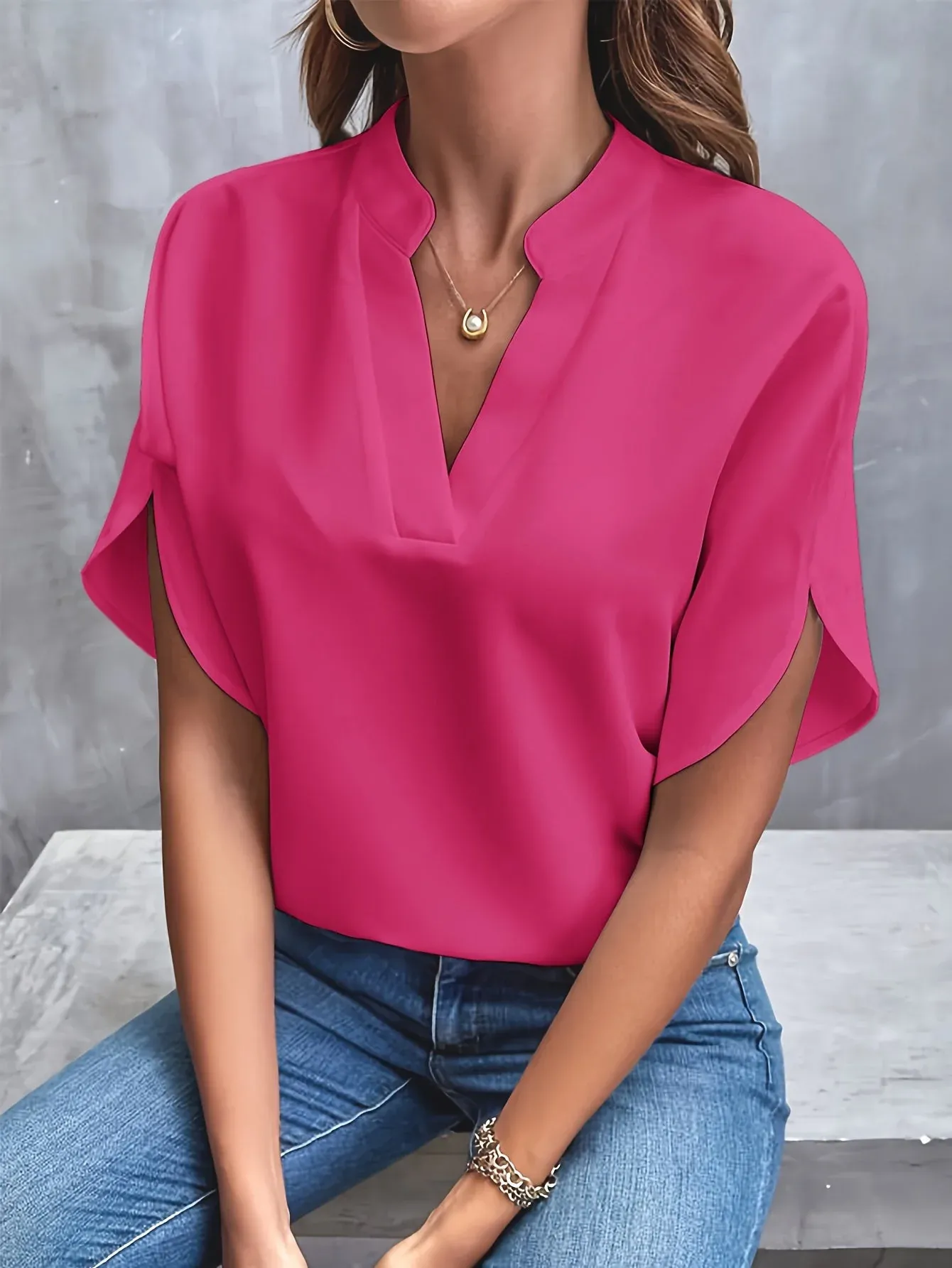 Lotte | Effen kleur blouse met inkeping - Afbeelding 7